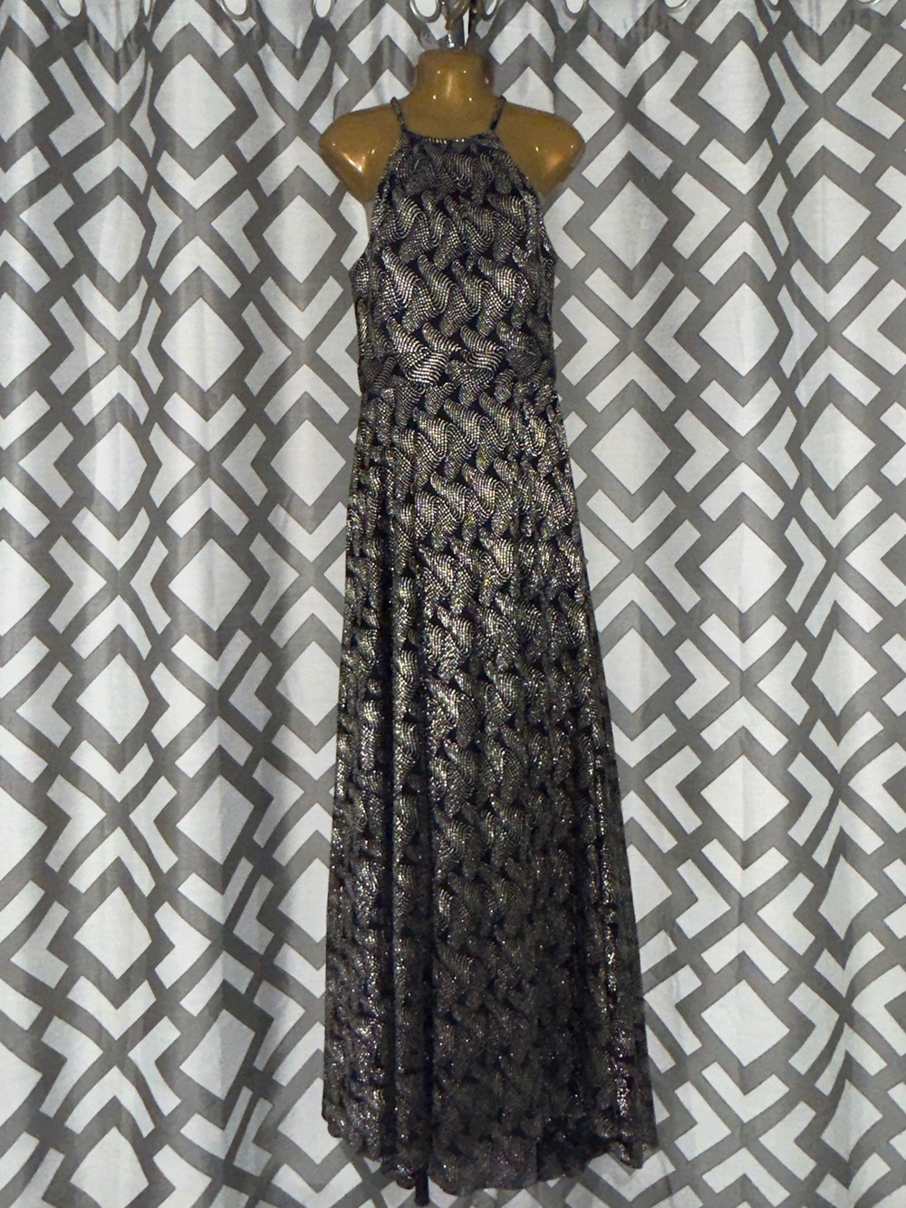 Betsy & Adam Metallic Glitter Halter Maxi Gown Size 12 Navy Gold NWT | Formal
